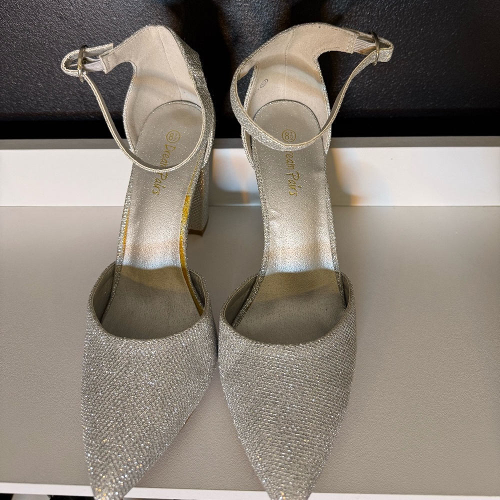 Silver Glitter Heels – Elegant Ankle Strap Block Heels